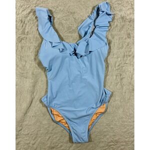 J.Crew Ruffle One Piece Swimsuit Size 8 Blue Feminine Romantic Classic Preppy